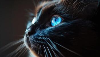 ai generiert heftig Blau Augen von ein schwarz Katze im Nahansicht foto