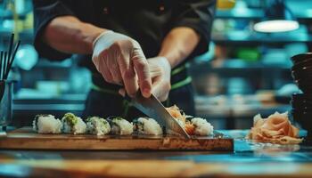 ai generiert Fachmann Koch vorbereiten Sushi rollen im Restaurant Küche foto