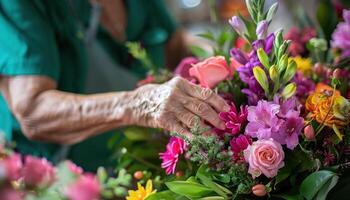 ai generiert Nahansicht von ein Blumengeschäft Hände basteln ein beschwingt Blumen- Anordnung foto