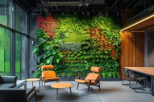 ai generiert ein kreativ Büro Raum inspiriert durch Natur, mit biophil Design Elemente foto