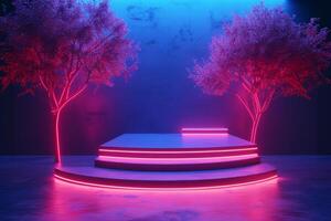 ai generiert ein glatt Podium charakterisiert durch es ist minimalistisch Neon- Bäume foto