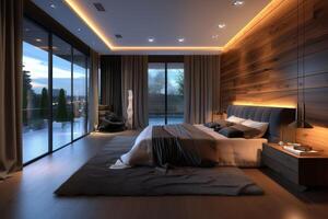 ai generiert ein minimalistisch Schlafzimmer mit ein Plüsch Bereich Teppich foto