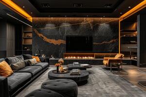 ai generiert ein luxuriös Leben Zimmer geschmückt mit glatt schwarz Farbe Schemata foto