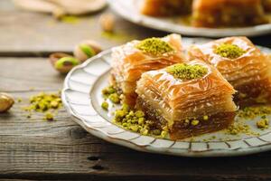 ai generiert flockig Baklava Pistazie. generieren ai foto