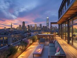 ai generiert ein Büro Gebäude mit ein weitläufig Dach Terrasse Angebot Panorama- Ansichten von das Stadt Horizont foto