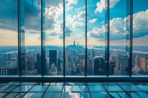 ai generiert ein Dach Terrasse, Panorama- Ansichten Angebot ein Vogel Auge Perspektive von das Stadt unten foto