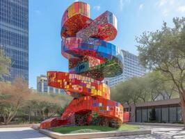 ai generiert ein Büro Turm entworfen wie ein Arbeit von Kunst, mit skulptural Formen, Fett gedruckt Farben foto
