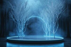 ai generiert ein Podium geschmückt mit minimalistisch Neon- Bäume foto