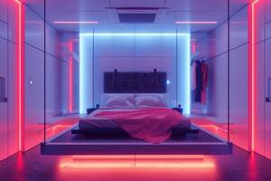 ai generiert ein minimalistisch futuristisch Schlafzimmer foto