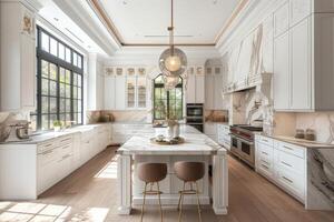 ai generiert ein elegant Küche mit Luxus beendet, Komplett mit Marmor Arbeitsplatten foto