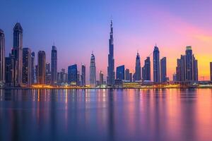 ai generiert Stadt Horizont von Dubai beim Dämmerung foto