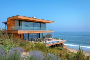 ai generiert ein modern Strand Haus thront auf Stelzen über das sandig Ufer foto