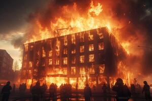 ai generiert Gebäude gefangen im Flammen foto