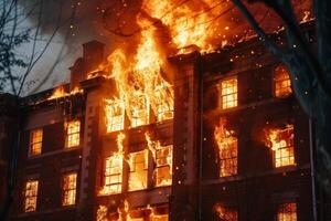 ai generiert Gebäude gefangen im Flammen foto