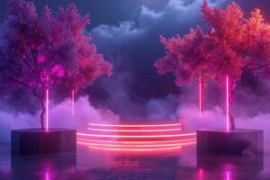 ai generiert ein Podium mit minimalistisch Neon- Bäume steigend von reflektierend Oberflächen foto