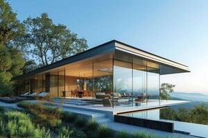 ai generiert ein modern Haus charakterisiert durch es ist futuristisch Glas Außen foto