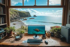 ai generiert ein Zuhause Büro mit ein Strand Aussicht foto