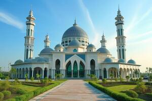 ein modern Moschee einstellen gegen ein Hintergrund von ein makellos Blau Himmel foto