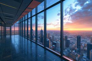 ai generiert oben von ein modern Büro Turm, mit Panorama- Ansichten von das Stadt Horizont Dehnen aus im alle Richtungen foto