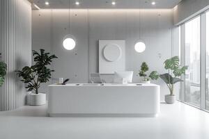 ai generiert ein minimalistisch ästhetisch Büro mit ein Weiß auf Weiß Farbe planen foto