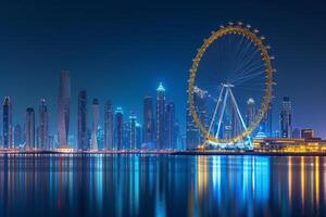 ai generiert Stadt Horizont von Dubai von das heiter Ufer von jbr Strand foto