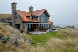 ai generiert ein Strand Chalet thront hoch über ein windgepeitscht Düne foto