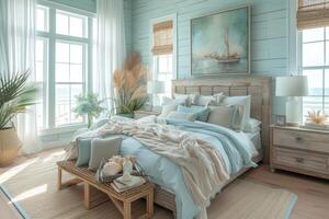 ai generiert ein Von der Küste inspiriert Schlafzimmer Zuflucht, Komplett mit Küstenthema Dekor Akzente foto