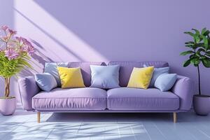 ai generiert ein minimalistisch Leben Zimmer mit Sanft Pastell- Farben, zentriert um ein Single Sessel Sofa foto