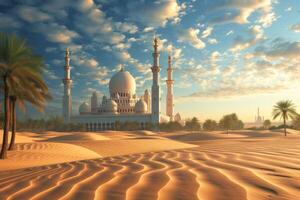 ein Wüste Landschaft mit ein groß Weiß Moschee Gebäude im das Hintergrund foto