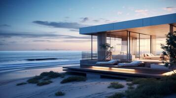 ai generiert ein minimalistisch Strand Haus thront auf das sandig Ufer foto