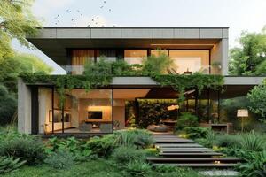 ai generiert ein modern minimalistisch Haus versteckt Weg im ein üppig städtisch Garten im das Herz von Innenstadt foto