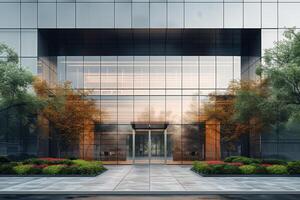 ai generiert ein minimalistisch Büro Gebäude Fassade mit glatt Glas Tafeln, Stahl Akzente, und minimalistisch Landschaftsbau foto