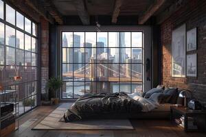 ai generiert ein modern industriell Schlafzimmer mit im industriellen Stil foto