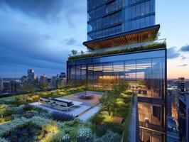 ai generiert ein Büro Gebäude mit ein städtisch Dach Oase, mit landschaftlich gestaltet Gardens foto