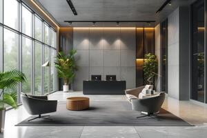 ai generiert ein minimalistisch Büro Gebäude mit ein Fokus auf Einfachheit, Funktionalität, und zeitlos Eleganz foto