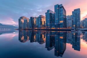 ai generiert Büro Gebäude Besetzung schimmernd Reflexionen auf das Ruhe Wasser unten foto