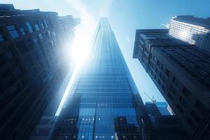 ai generiert ein Tageslicht Szene wo ein Büro Turm einwandfrei integriert in das Stadt Horizont foto