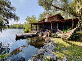 ai generiert ein Ranch Haus eingebettet auf das Ufer von ein still See foto