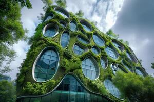 ai generiert Büro Gebäude mit ein biomimetisch Fassade inspiriert durch natürlich Systeme foto