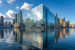 ai generiert Büro Gebäude Besetzung schimmernd Reflexionen auf das Ruhe Wasser unten foto