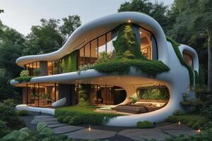 ai generiert ein modern Haus mit ein futuristisch Außen inspiriert durch organisch Formen und natürlich Elemente foto