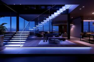 ai generiert ein modern Luxus Zuhause Innere mit ein minimalistisch Treppe foto