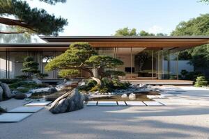 ai generiert ein modern minimalistisch Haus inspiriert durch das Prinzipien von Zen Design foto