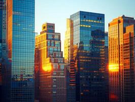 ai generiert ein Horizont Büro Gebäude Szene während das golden Stunde foto