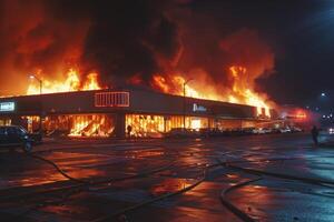 ai generiert Gebäude gefangen im Flammen foto