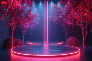 ai generiert ein Podium mit Neon- Bäume Das Impuls mit Leben foto