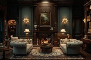 ai generiert ein elegant Leben Zimmer, mit klassisch Möbel Stücke foto