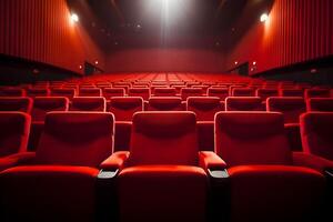 ai generiert Reihen von leeren Kino Sitze warten zum Zuschauer. generativ ai foto