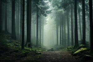 ai generiert neblig Wald Erstellen ein atmosphärisch und mystisch natürlich Szene. generativ ai foto