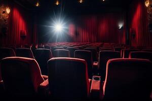 ai generiert Jahrgang Kino Sitze im ein schwach zündete Theater. generativ ai foto
